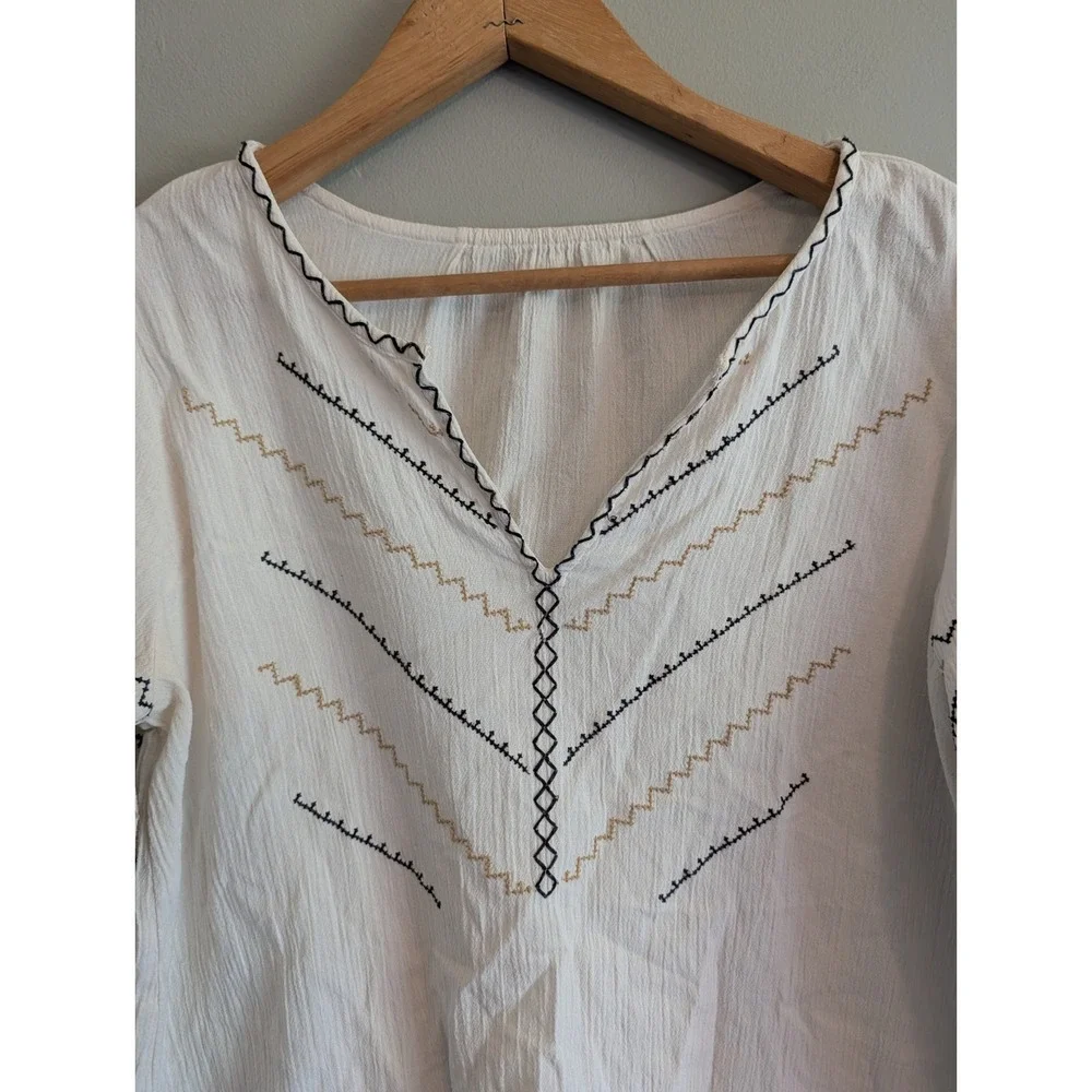 Madewell Peasant Top‎ 100% Cotton Cream Embroidered Puff Sleeve Notch Neck Boho